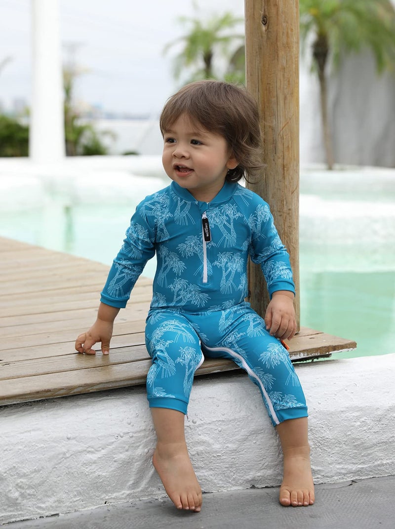 weVSwe Baby Toddler UPF 50+ Protection Rash Guard Easier Diaper Changes Boy Swimsuit One Piece Bathing Suit Crotch Zipper for Quicker Tree Peacock Blue Bathing Suit 3T - Image 5